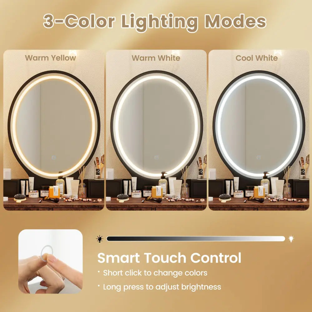 Vanity Table Set with 3-Color Lighted Dimmable Mirror-Brown - Brown - Makeup Vanities