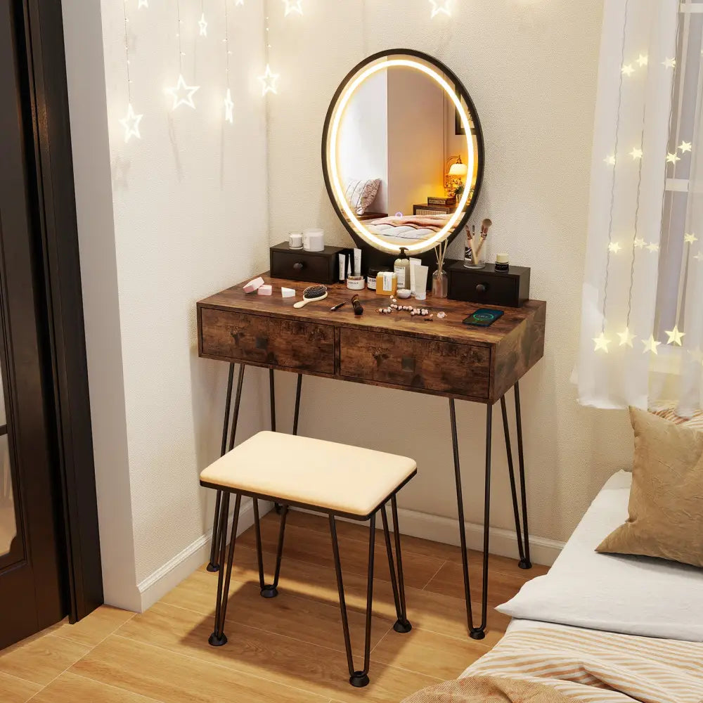 Vanity Table Set with 3-Color Lighted Dimmable Mirror-Brown - Brown - Makeup Vanities