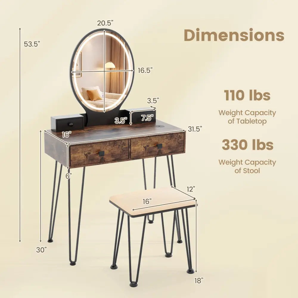 Vanity Table Set with 3-Color Lighted Dimmable Mirror-Brown - Brown - Makeup Vanities