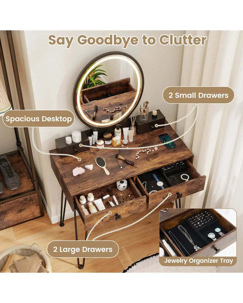Vanity Table Set with 3-Color Lighted Dimmable Mirror-Brown - Brown - Makeup Vanities