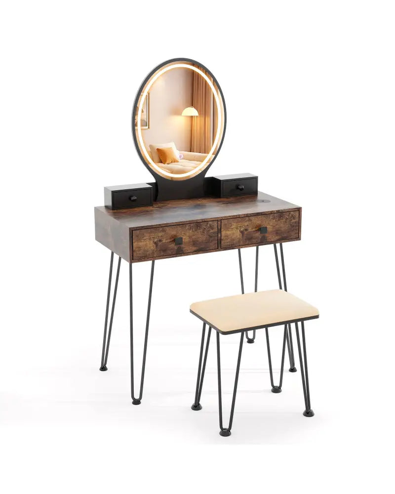 Vanity Table Set with 3-Color Lighted Dimmable Mirror-Brown - Brown - Makeup Vanities