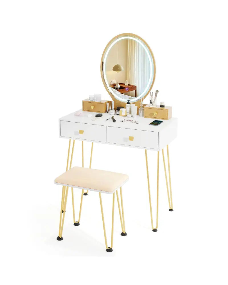 Vanity Table Set with 3-Color Lighted Dimmable Mirror-White - White - Makeup Vanities