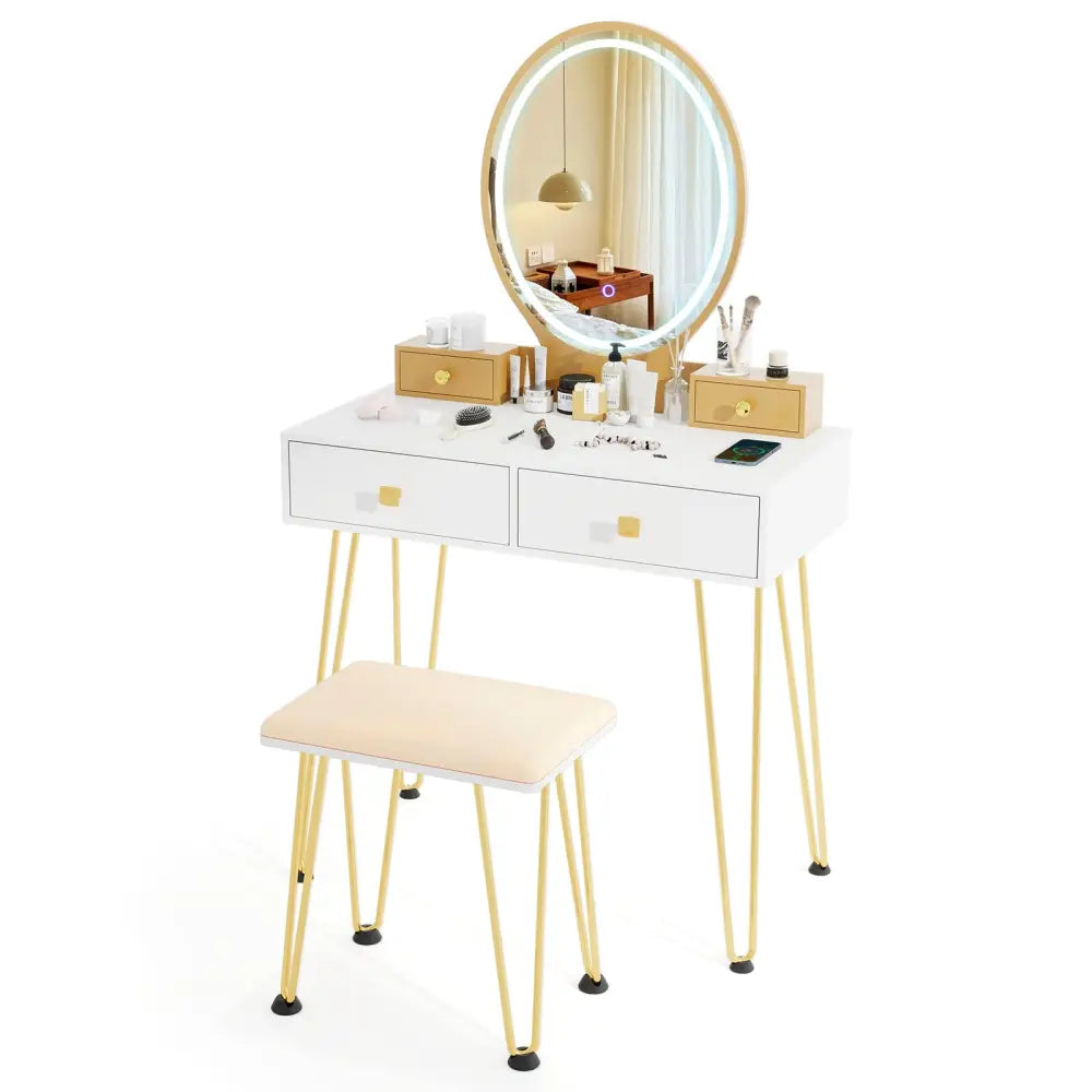 Vanity Table Set with 3-Color Lighted Dimmable Mirror-White - White - Makeup Vanities