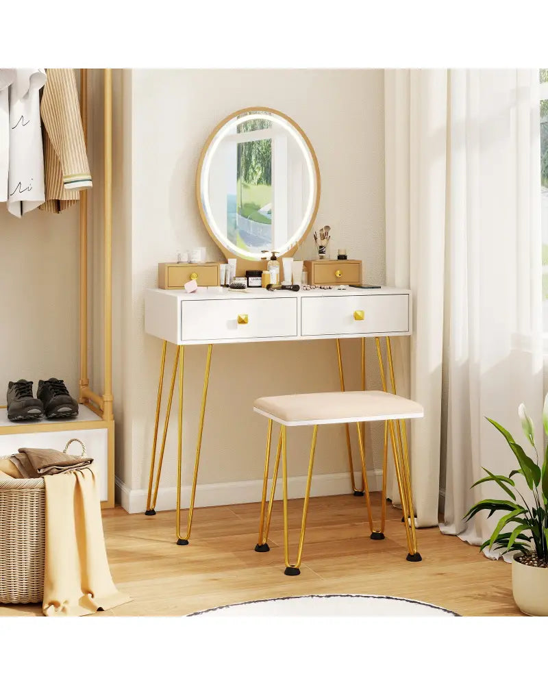 Vanity Table Set with 3-Color Lighted Dimmable Mirror-White - White - Makeup Vanities