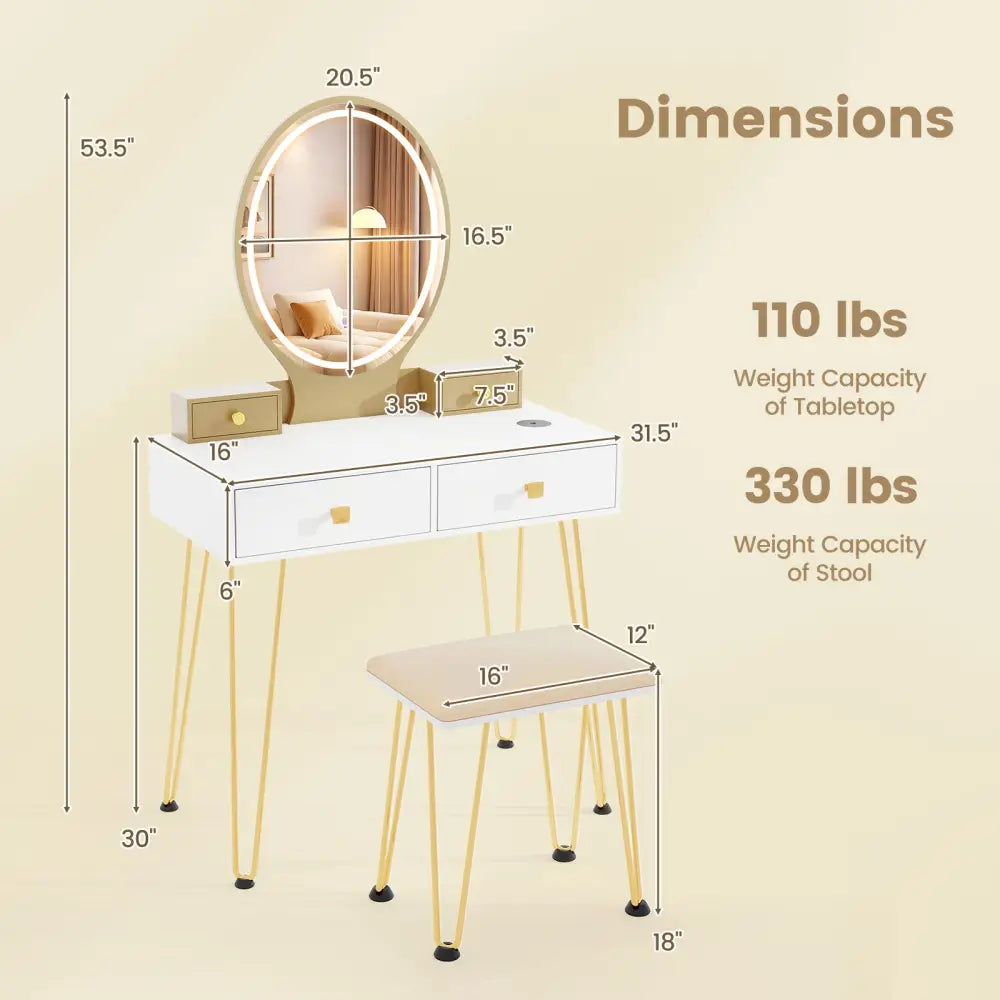 Vanity Table Set with 3-Color Lighted Dimmable Mirror-White - White - Makeup Vanities