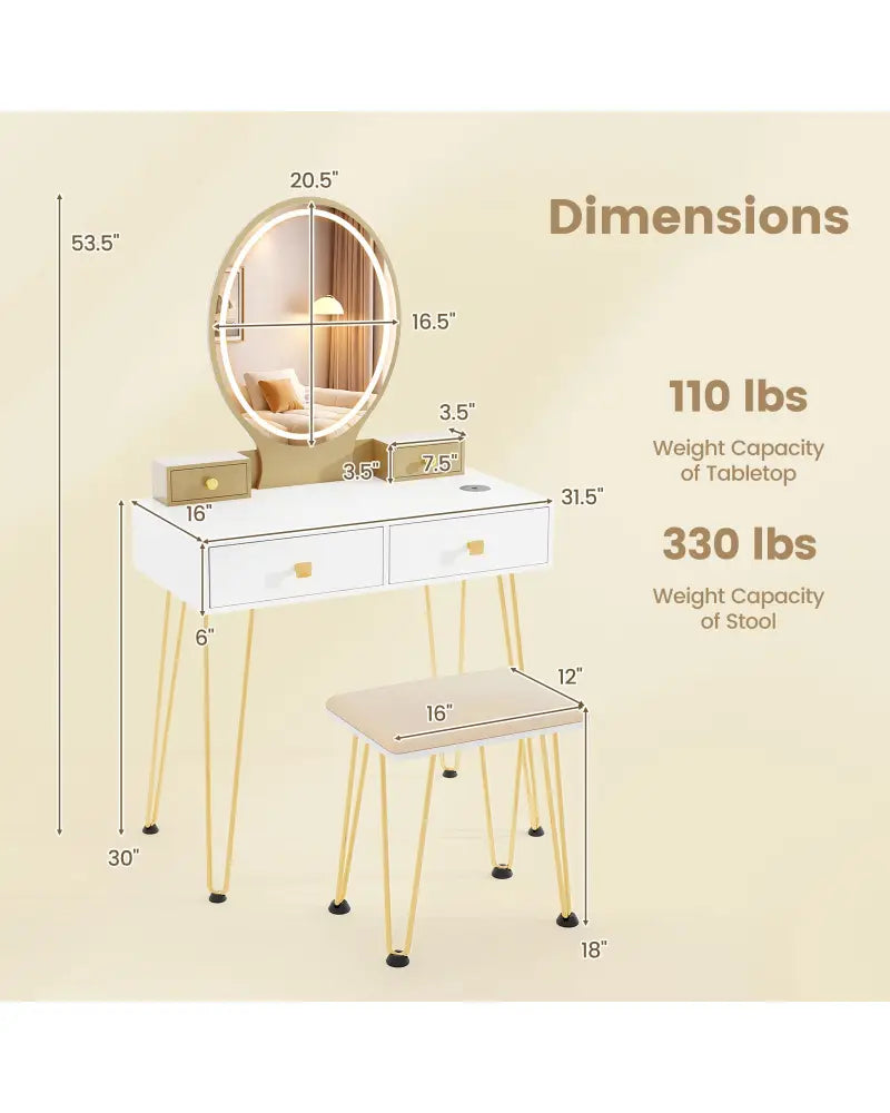 Vanity Table Set with 3-Color Lighted Dimmable Mirror-White - White - Makeup Vanities
