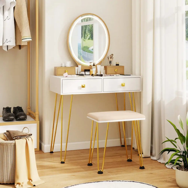 Vanity Table Set with 3-Color Lighted Dimmable Mirror-White - White - Makeup Vanities