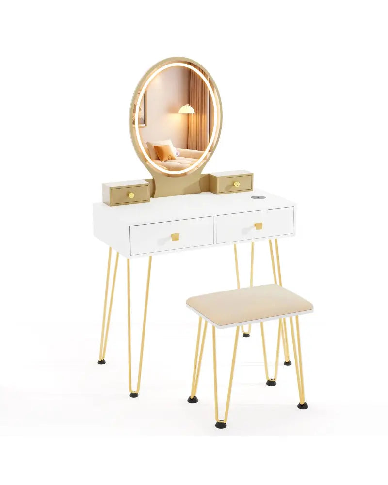 Vanity Table Set with 3-Color Lighted Dimmable Mirror-White - White - Makeup Vanities