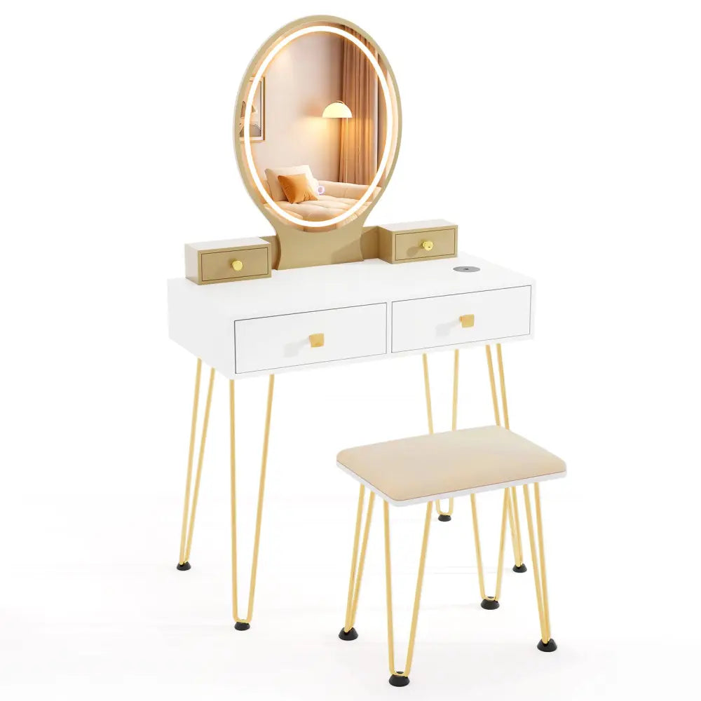 Vanity Table Set with 3-Color Lighted Dimmable Mirror-White - White - Makeup Vanities