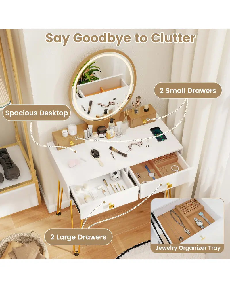 Vanity Table Set with 3-Color Lighted Dimmable Mirror-White - White - Makeup Vanities