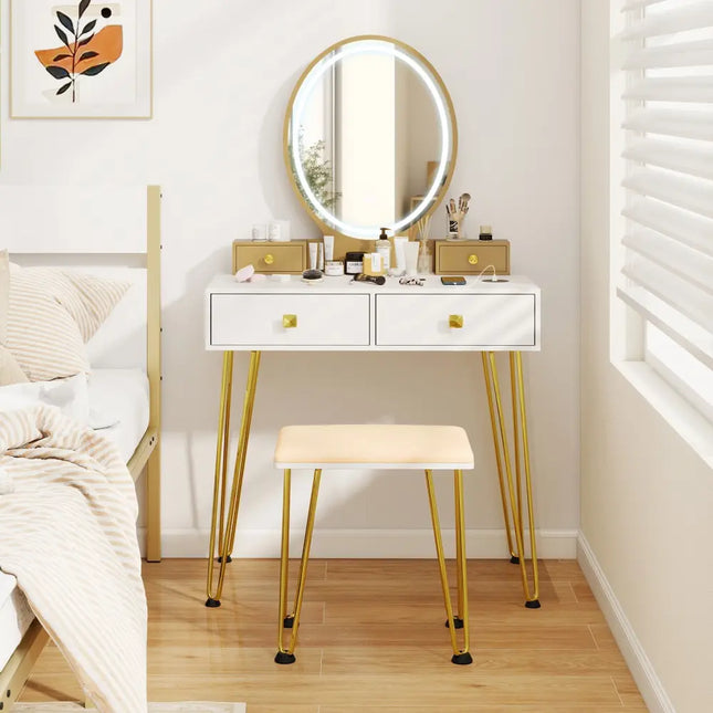 Vanity Table Set with 3-Color Lighted Dimmable Mirror-White - White - Makeup Vanities