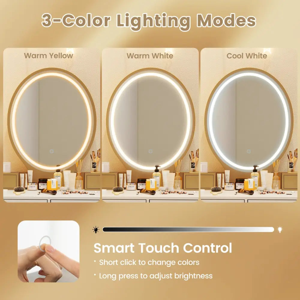 Vanity Table Set with 3-Color Lighted Dimmable Mirror-White - White - Makeup Vanities
