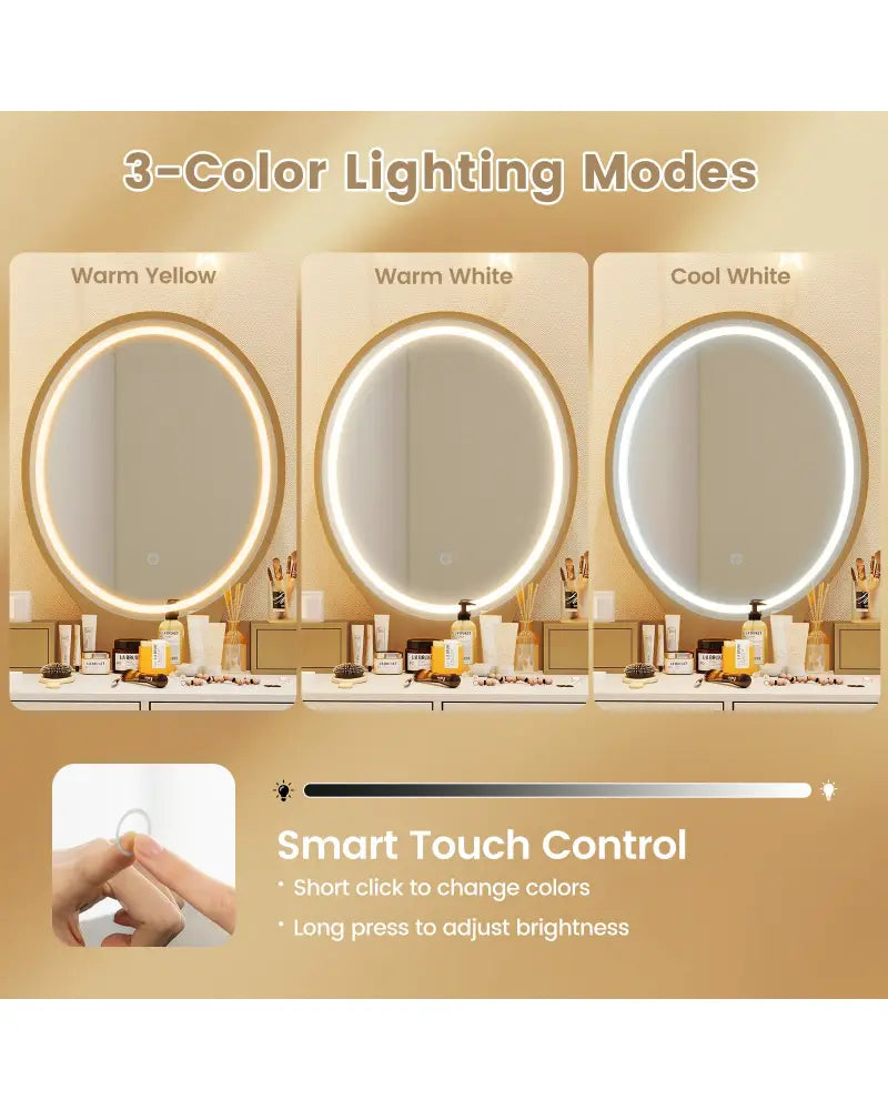 Vanity Table Set with 3-Color Lighted Dimmable Mirror-White - White - Makeup Vanities