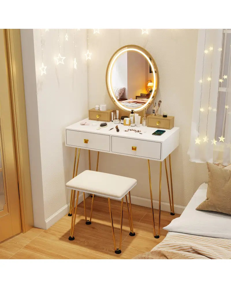 Vanity Table Set with 3-Color Lighted Dimmable Mirror-White - White - Makeup Vanities
