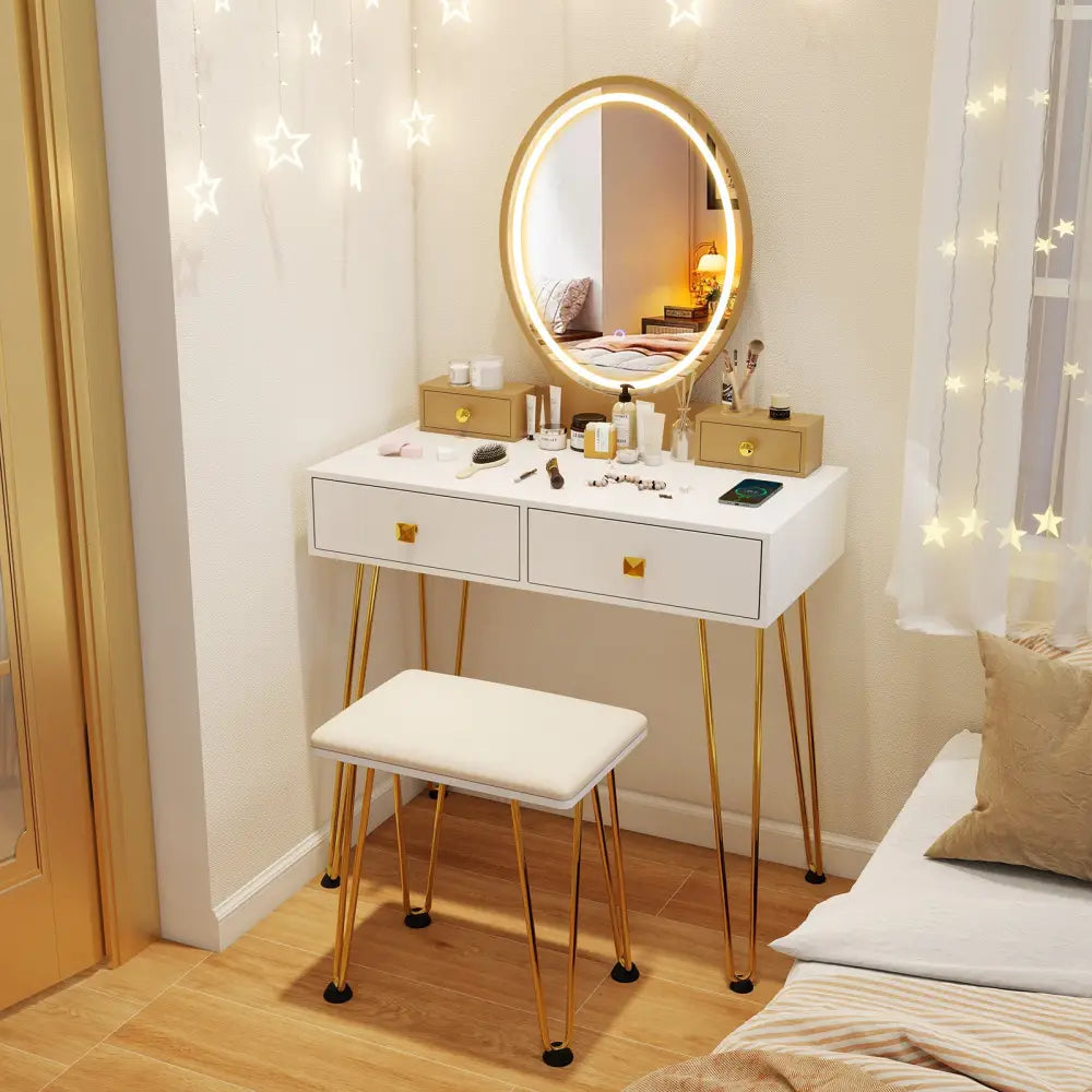 Vanity Table Set with 3-Color Lighted Dimmable Mirror-White - White - Makeup Vanities