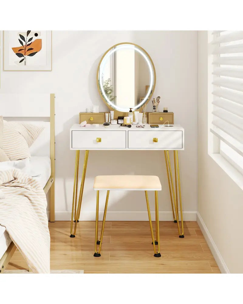 Vanity Table Set with 3-Color Lighted Dimmable Mirror-White - White - Makeup Vanities