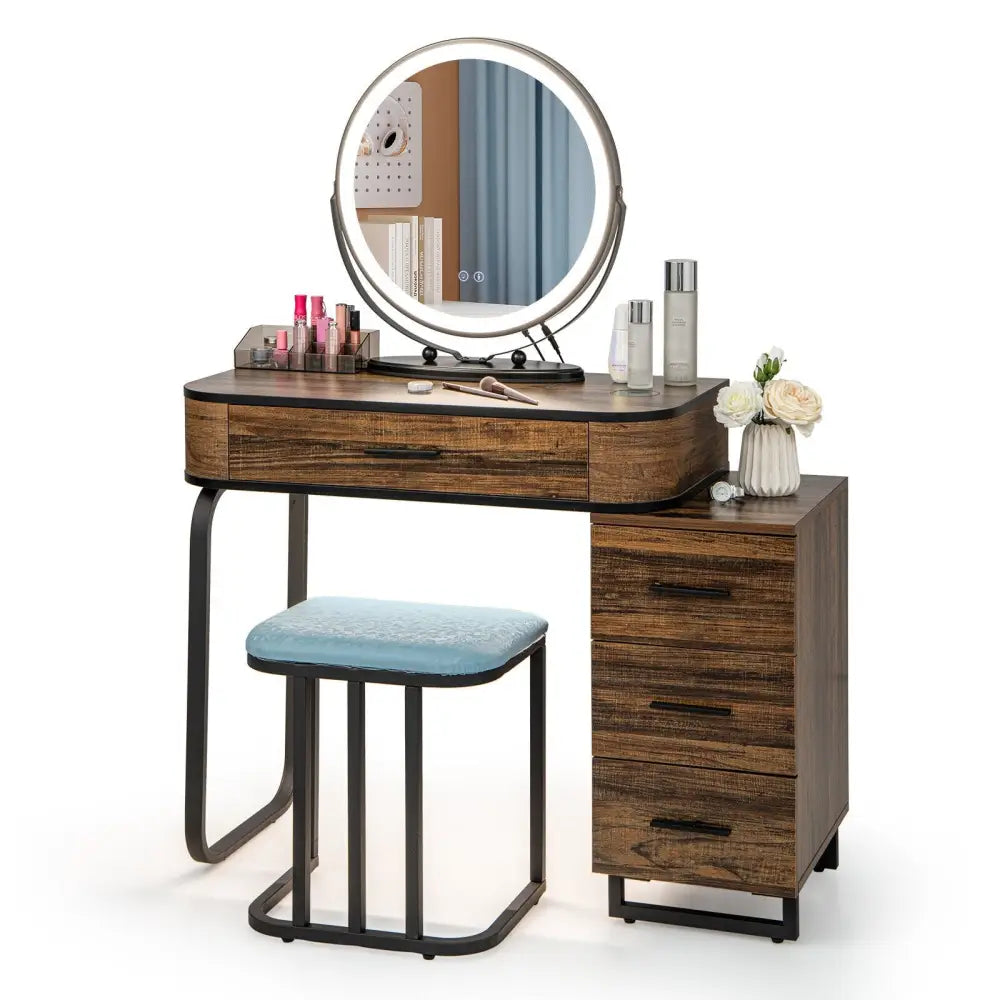 Vanity Table Set with 3-Color Lighted Mirror and Charging Station-Brown - Brown - Makeup Vanities