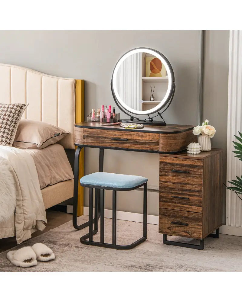 Vanity Table Set with 3-Color Lighted Mirror and Charging Station-Brown - Brown - Makeup Vanities