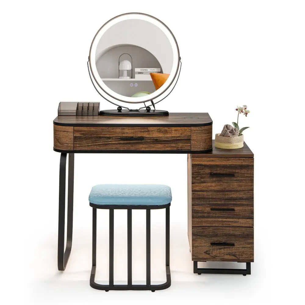Vanity Table Set with 3-Color Lighted Mirror and Charging Station-Brown - Brown - Makeup Vanities