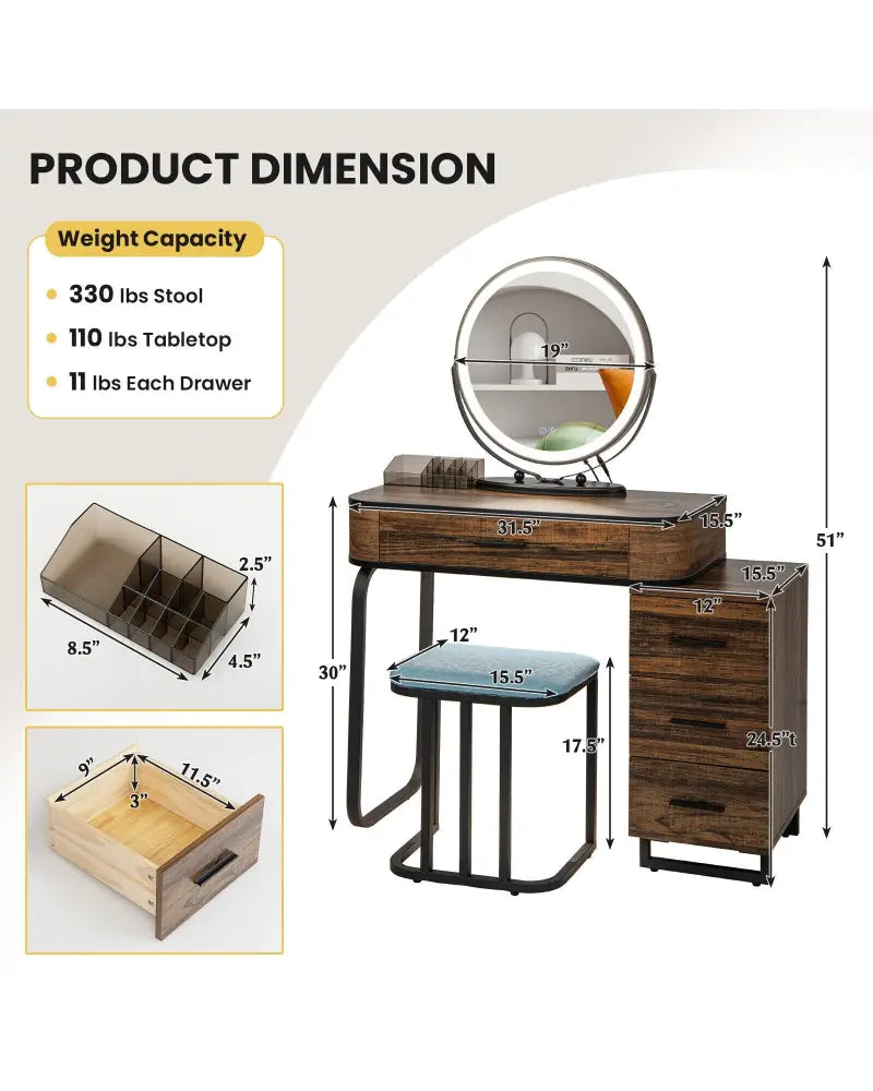 Vanity Table Set with 3-Color Lighted Mirror and Charging Station-Brown - Brown - Makeup Vanities