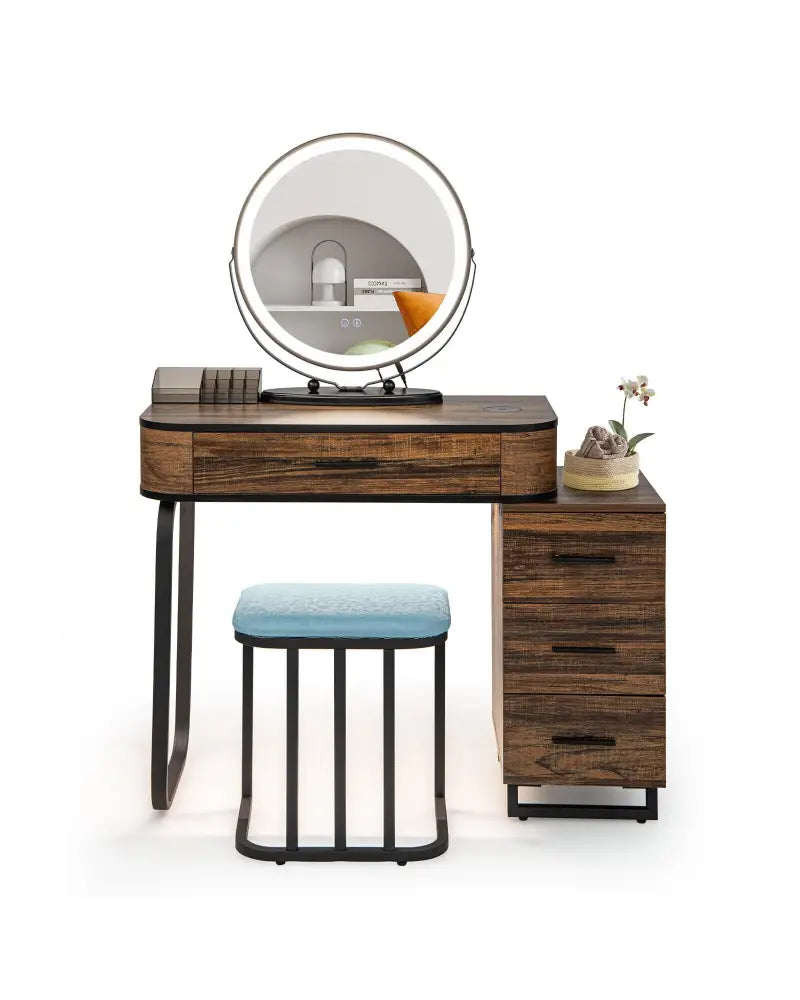 Vanity Table Set with 3-Color Lighted Mirror and Charging Station-Brown - Brown - Makeup Vanities