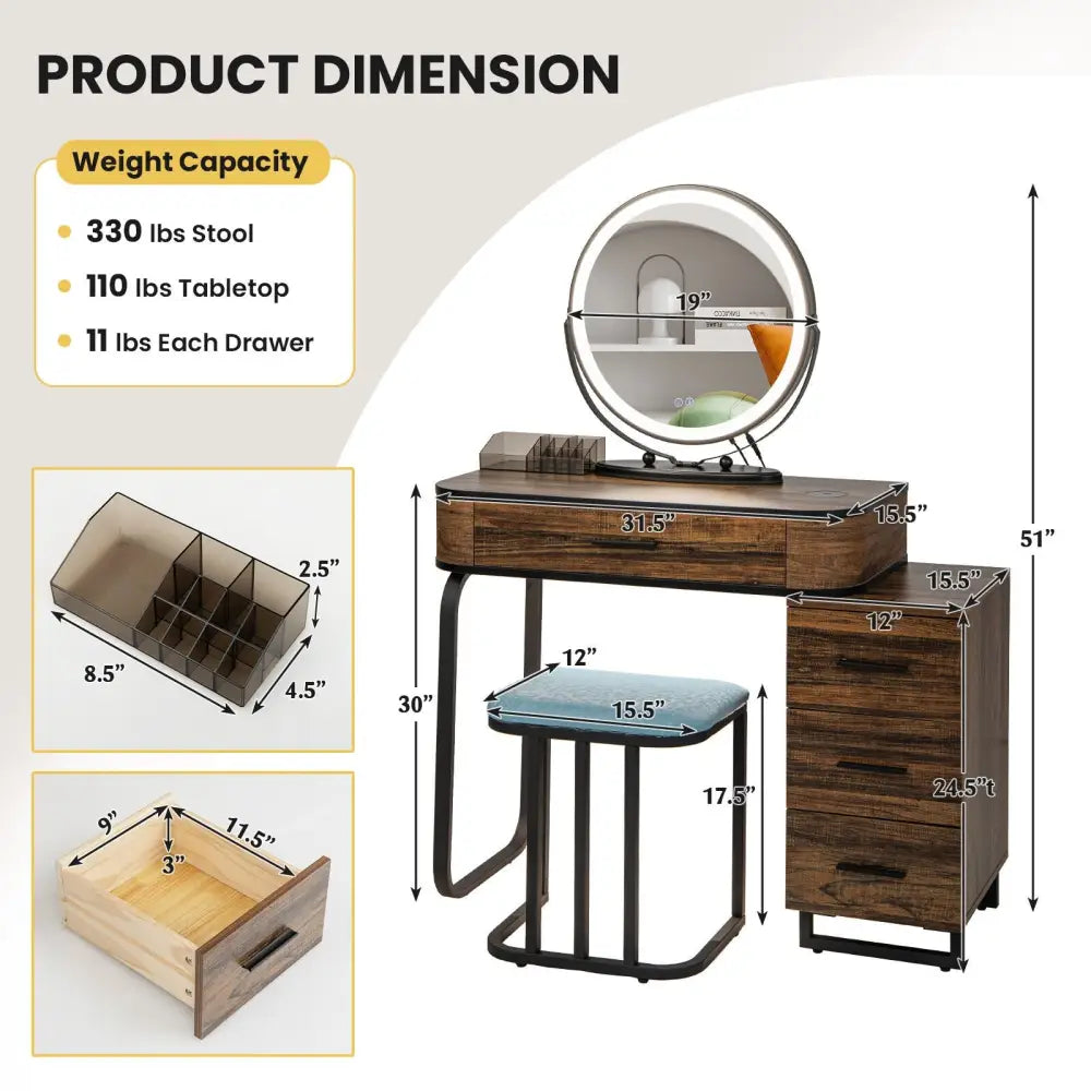 Vanity Table Set with 3-Color Lighted Mirror and Charging Station-Brown - Brown - Makeup Vanities