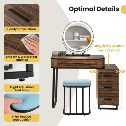 Vanity Table Set with 3-Color Lighted Mirror and Charging Station-Brown - Brown - Makeup Vanities