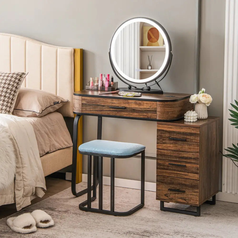 Vanity Table Set with 3-Color Lighted Mirror and Charging Station-Brown - Brown - Makeup Vanities