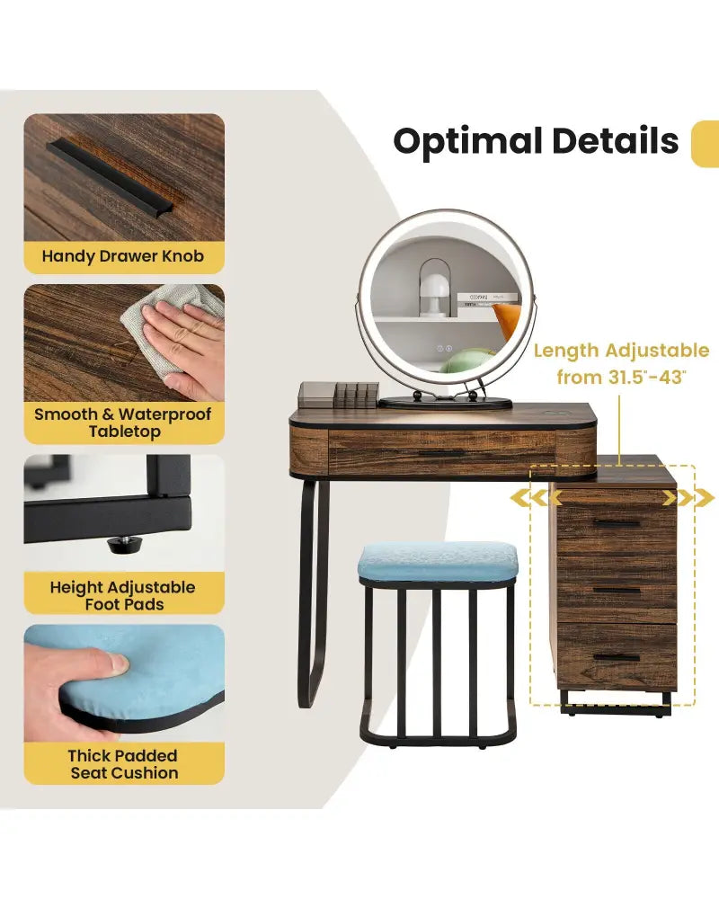 Vanity Table Set with 3-Color Lighted Mirror and Charging Station-Brown - Brown - Makeup Vanities
