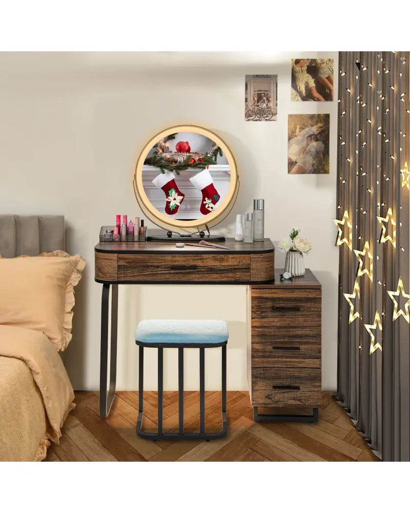 Vanity Table Set with 3-Color Lighted Mirror and Charging Station-Brown - Brown - Makeup Vanities