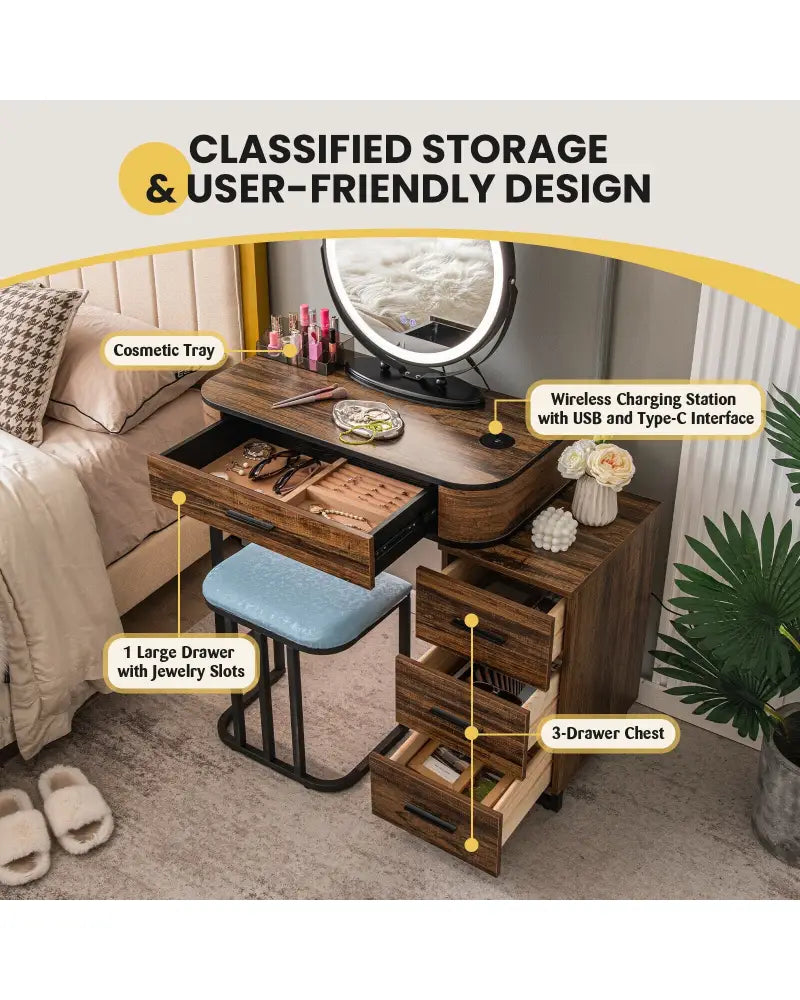 Vanity Table Set with 3-Color Lighted Mirror and Charging Station-Brown - Brown - Makeup Vanities