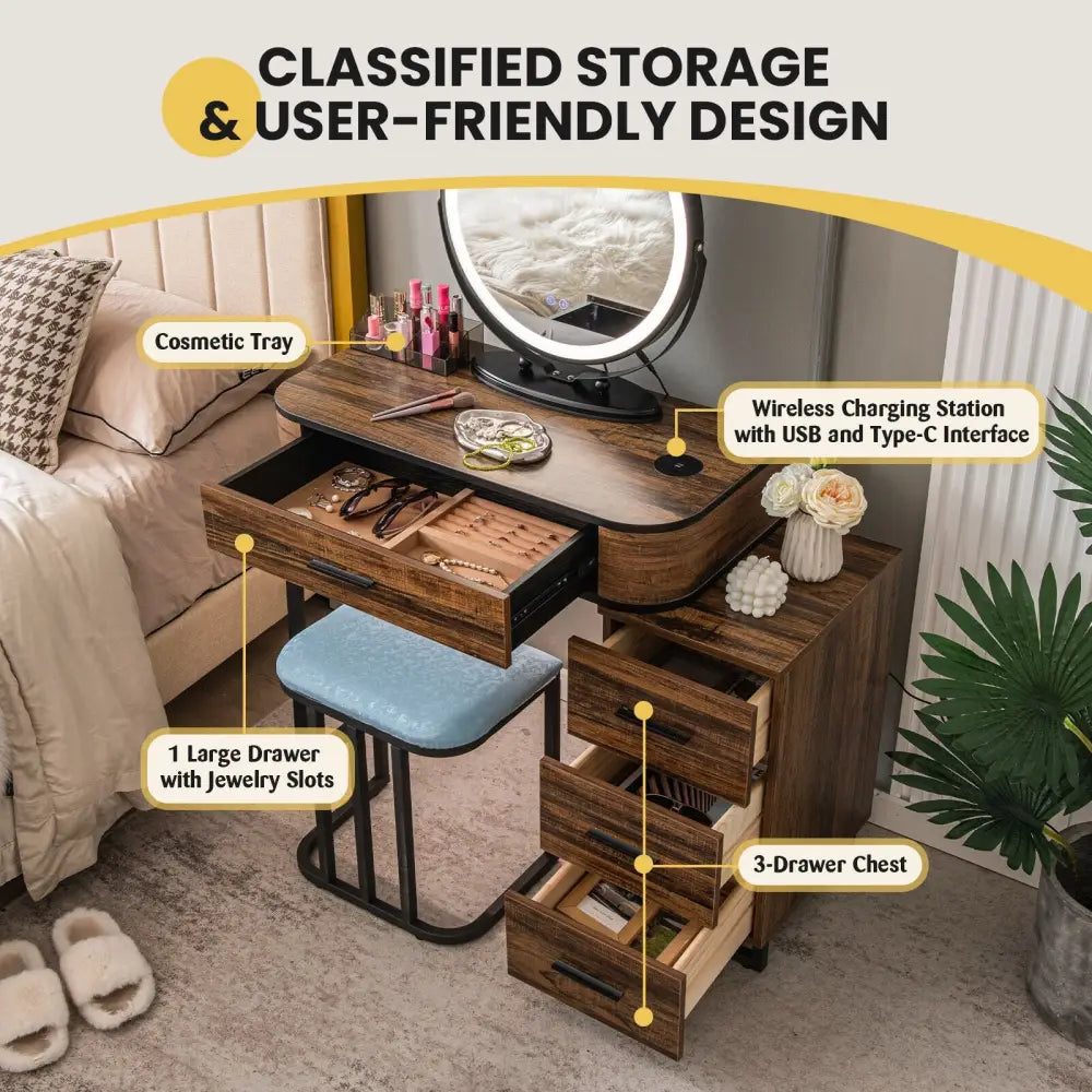 Vanity Table Set with 3-Color Lighted Mirror and Charging Station-Brown - Brown - Makeup Vanities