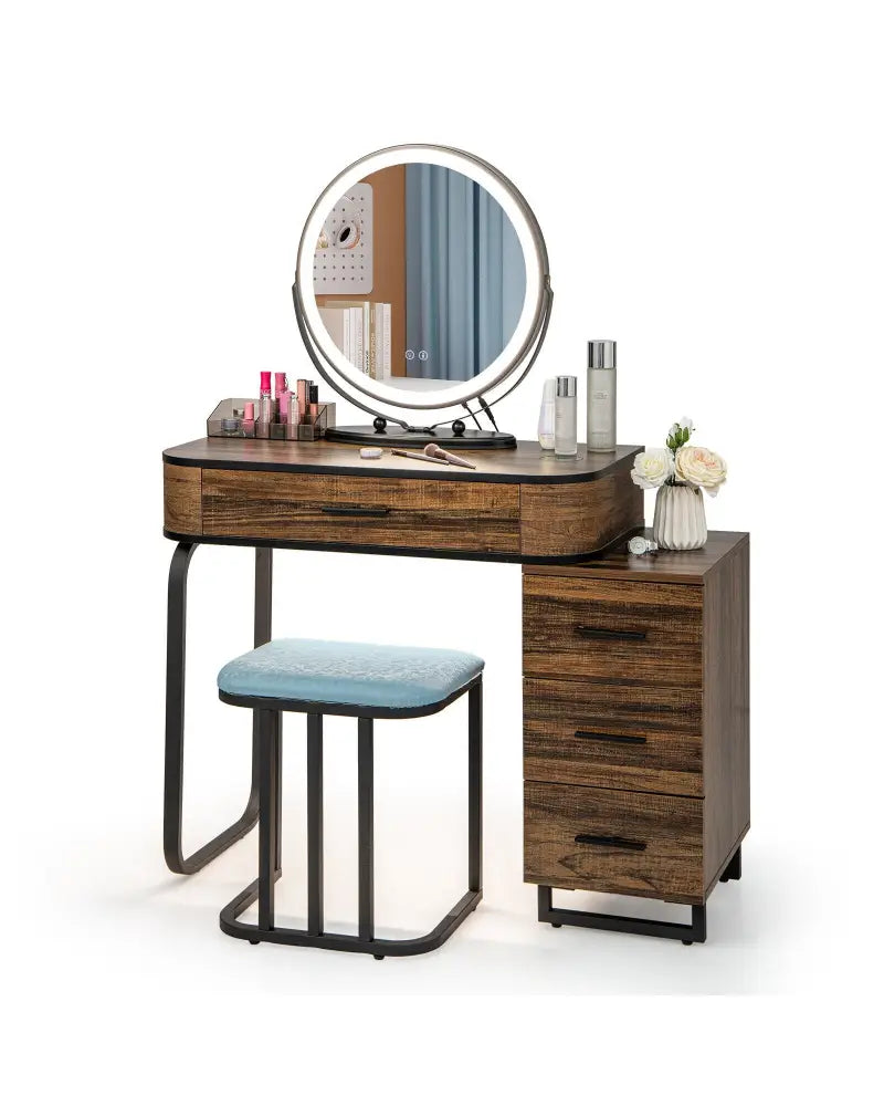 Vanity Table Set with 3-Color Lighted Mirror and Charging Station-Brown - Brown - Makeup Vanities