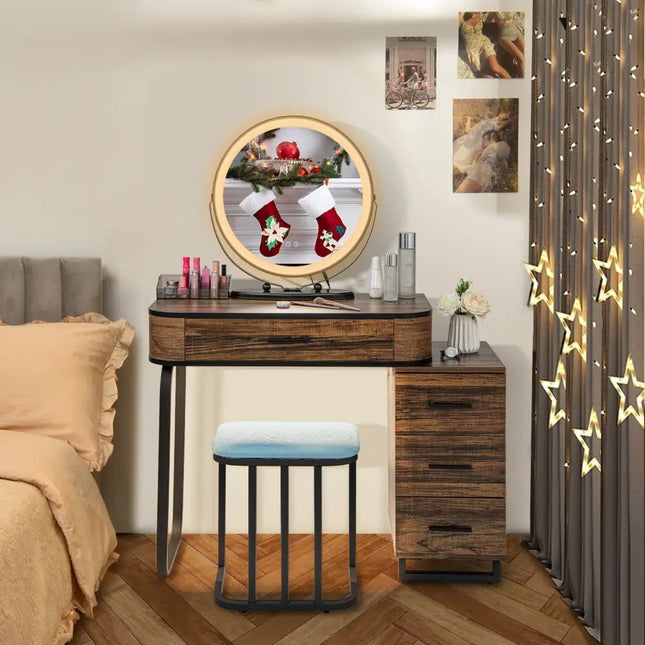 Vanity Table Set with 3-Color Lighted Mirror and Charging Station-Brown - Brown - Makeup Vanities