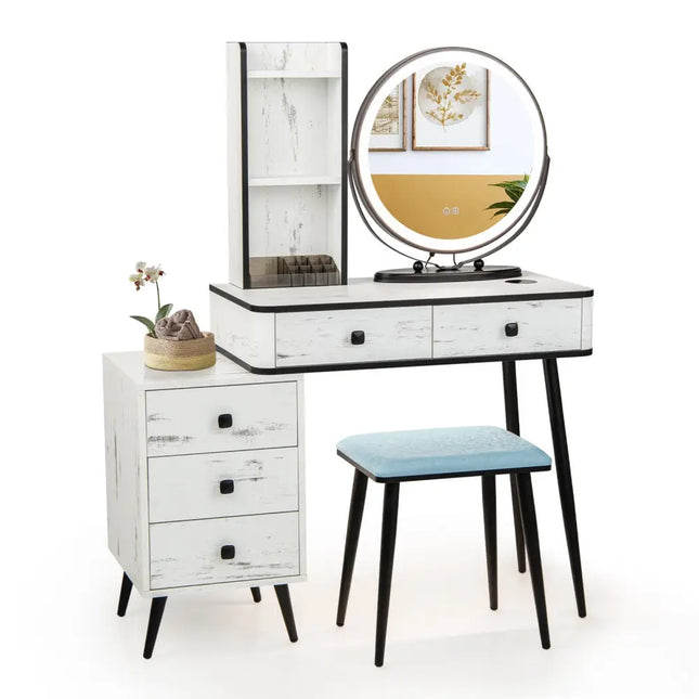 Vanity Table Set with 3-Color Lighted Mirror and Cushioned Stool-White - White - Makeup Vanities