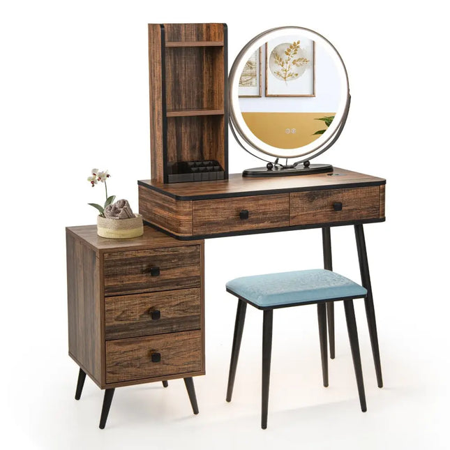 Vanity Table Set with 3-Color Lighted Mirror and Cushioned Stool-Rustic Brown - Rustic Brown - Makeup Vanities
