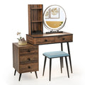 Vanity Table Set with 3-Color Lighted Mirror and Cushioned Stool-Rustic Brown - Rustic Brown - Makeup Vanities