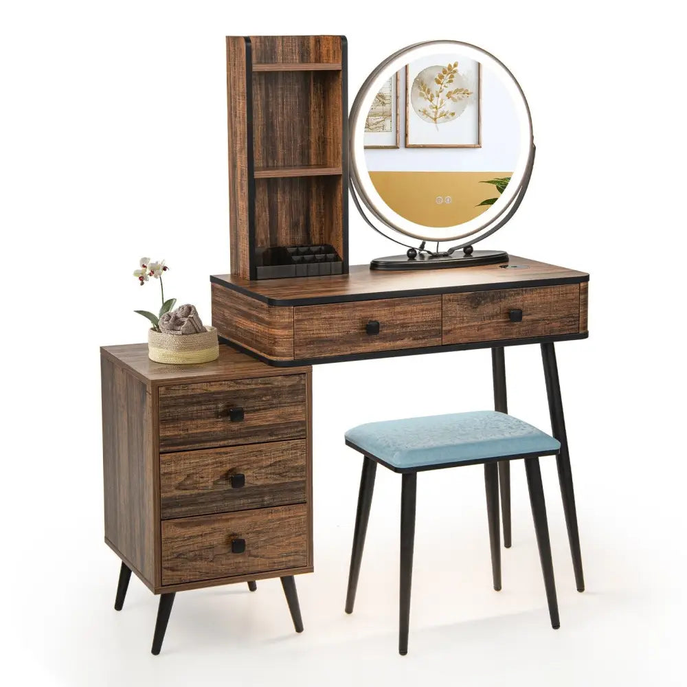 Vanity Table Set with 3-Color Lighted Mirror and Cushioned Stool-Rustic Brown - Rustic Brown - Makeup Vanities