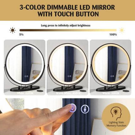 Vanity Table Set with 3-Color Lighted Mirror and Cushioned Stool-White - White - Makeup Vanities