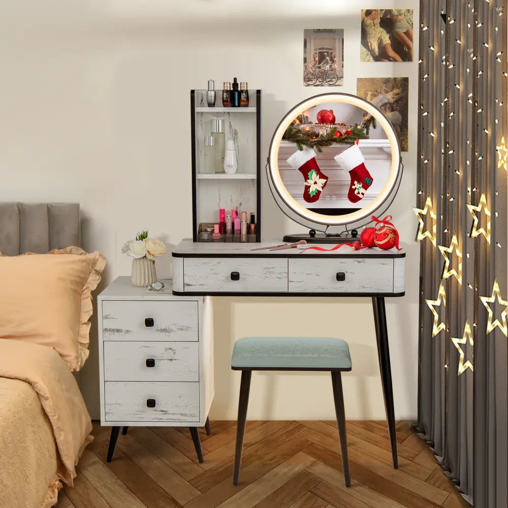 Vanity Table Set with 3-Color Lighted Mirror and Cushioned Stool-White - White - Makeup Vanities