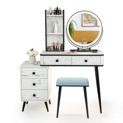 Vanity Table Set with 3-Color Lighted Mirror and Cushioned Stool-White - White - Makeup Vanities