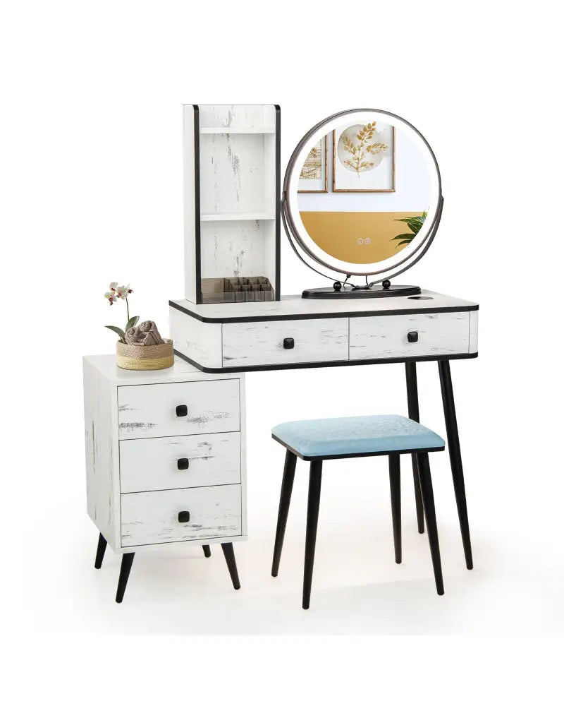 Vanity Table Set with 3-Color Lighted Mirror and Cushioned Stool-White - White - Makeup Vanities