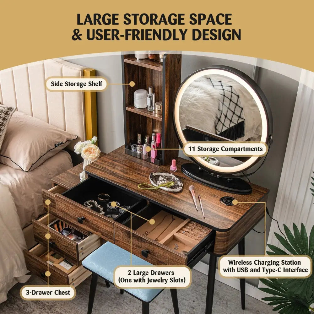 Vanity Table Set with 3-Color Lighted Mirror and Cushioned Stool-Rustic Brown - Rustic Brown - Makeup Vanities