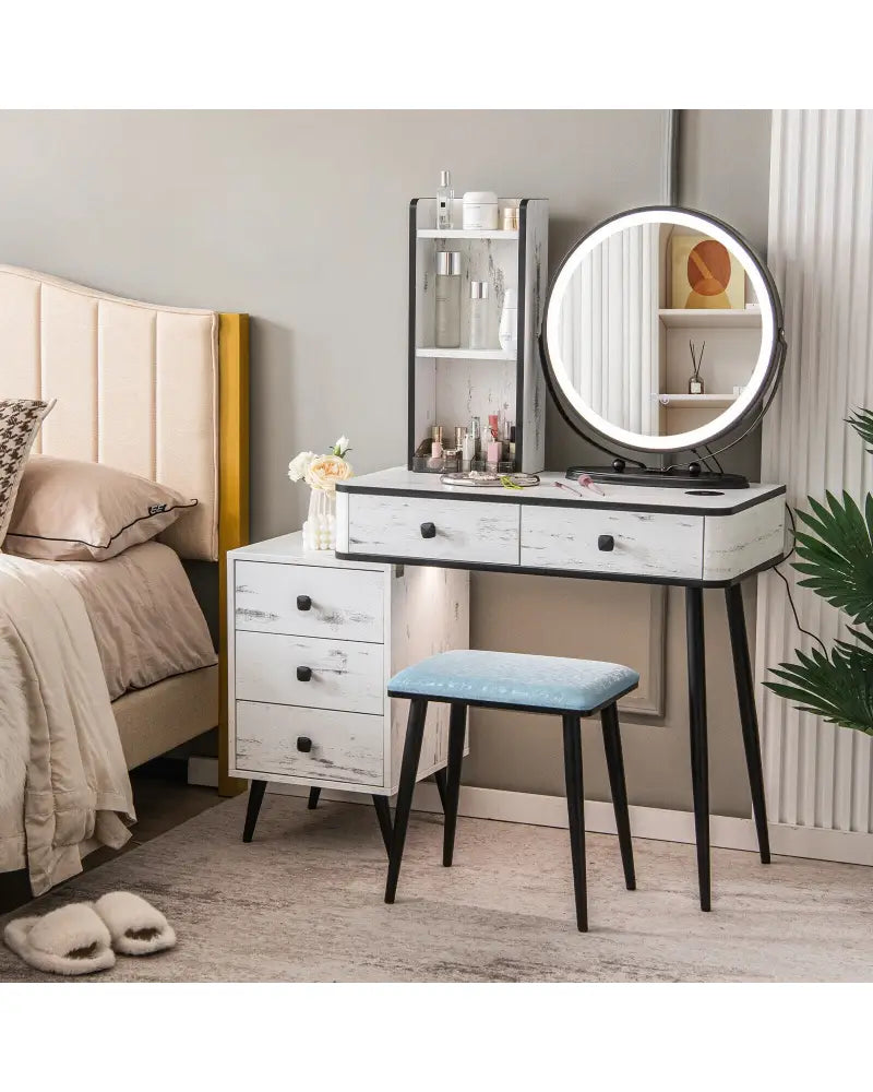 Vanity Table Set with 3-Color Lighted Mirror and Cushioned Stool-White - White - Makeup Vanities