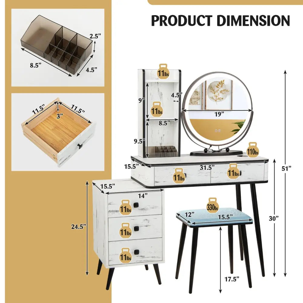 Vanity Table Set with 3-Color Lighted Mirror and Cushioned Stool-White - White - Makeup Vanities