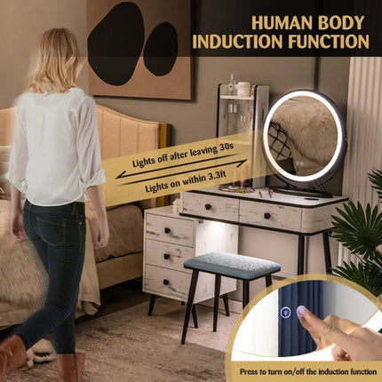 Vanity Table Set with 3-Color Lighted Mirror and Cushioned Stool-White - White - Makeup Vanities