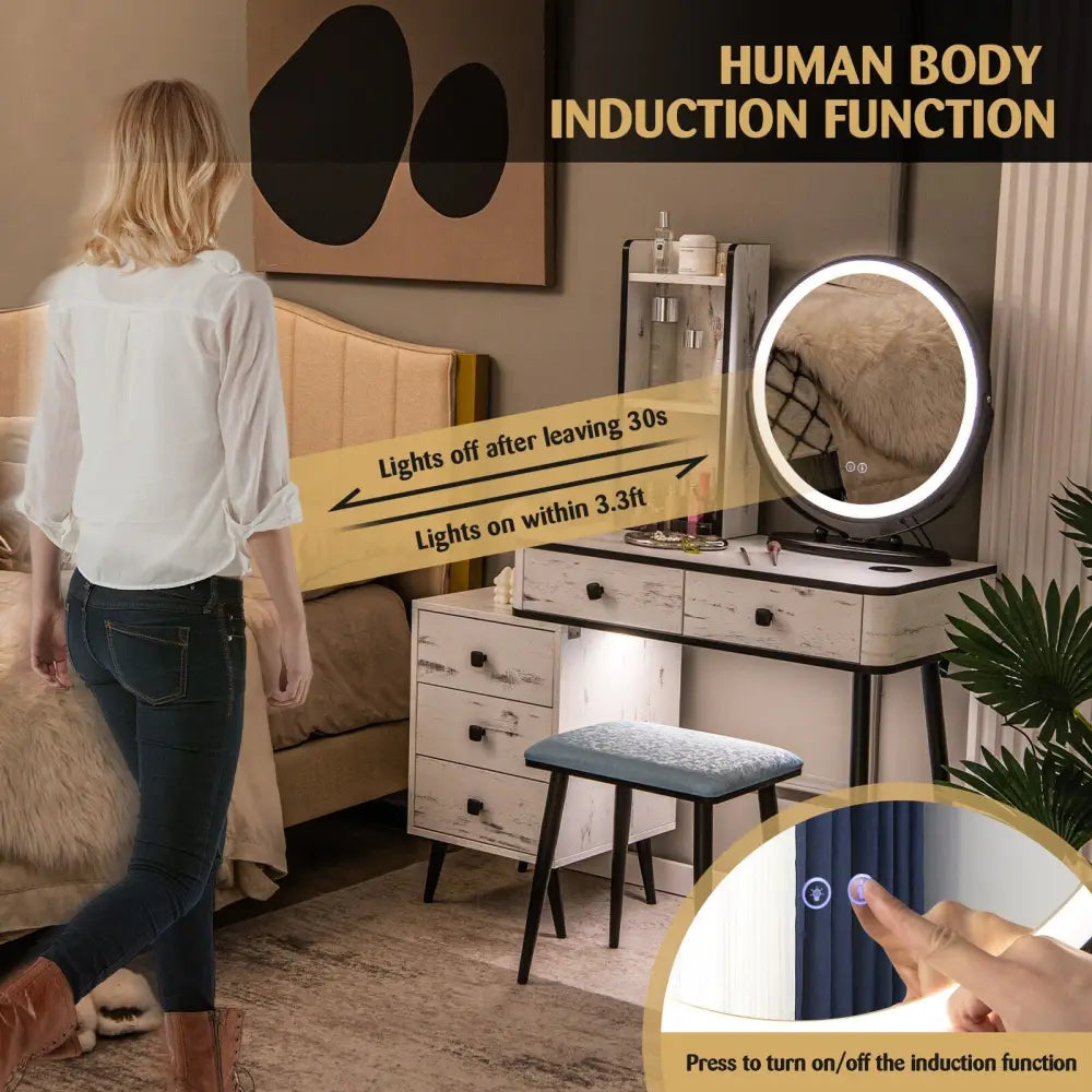 Vanity Table Set with 3-Color Lighted Mirror and Cushioned Stool-White - White - Makeup Vanities