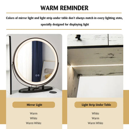Vanity Table Set with 3-Color Lighted Mirror and Cushioned Stool-White - White - Makeup Vanities