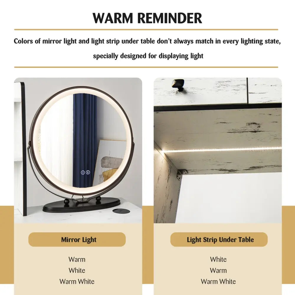 Vanity Table Set with 3-Color Lighted Mirror and Cushioned Stool-White - White - Makeup Vanities