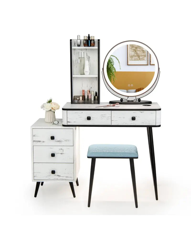 Vanity Table Set with 3-Color Lighted Mirror and Cushioned Stool-White - White - Makeup Vanities
